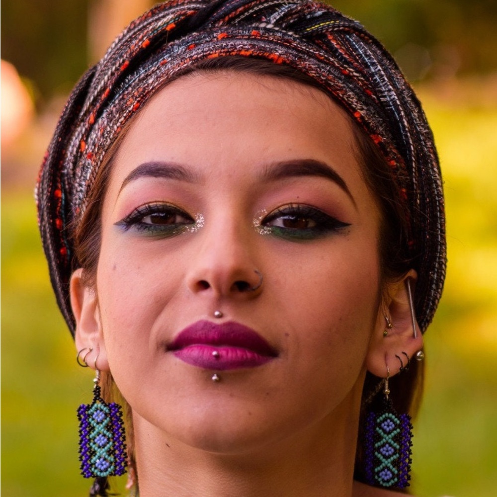 Handcrafted Beaded Earrings - Blue and Black - Picture 2 of 2
